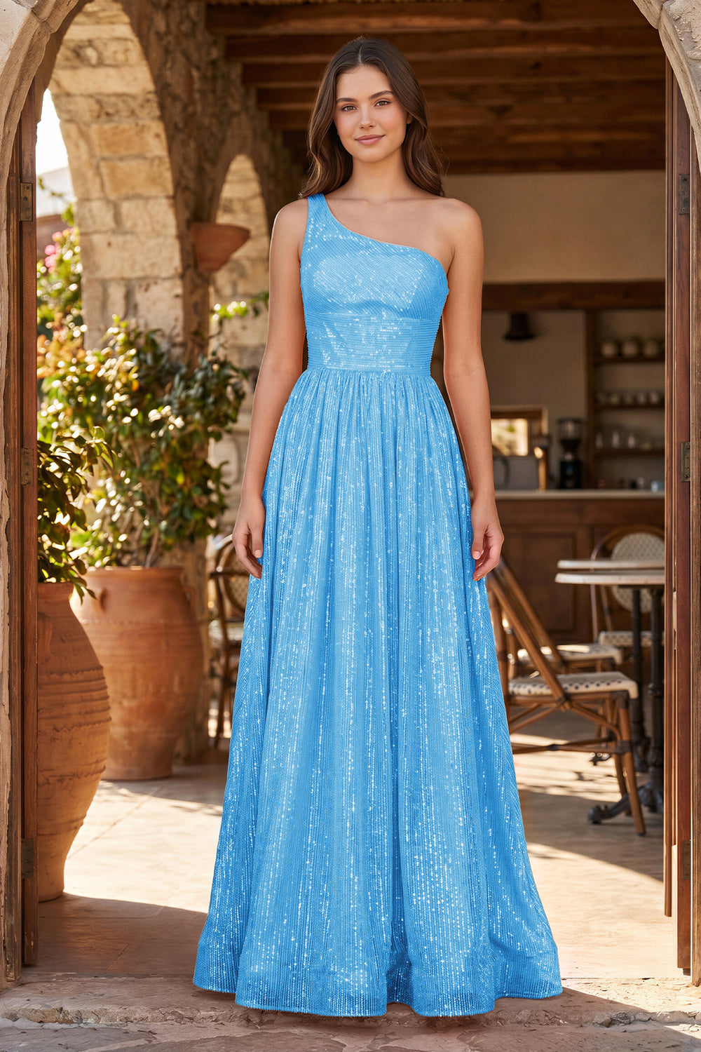 A-Line One Shoulder Sequins Prom Dress with Pockets - KISSPROM PROM DRESSES