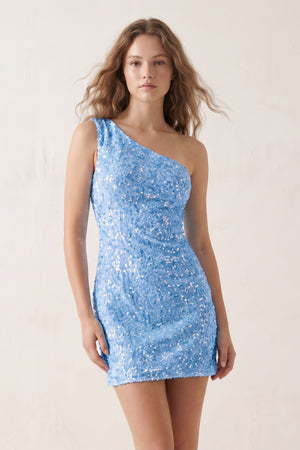 Blue Bodycon One Shoulder Sequins Mini Party Dresses - KISSPROM