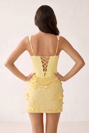 Yellow Square Neck Corset Sheath Satin Homecoming Dress with Appliques (2) | KISSPROM