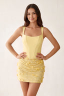 Yellow Square Neck Corset Sheath Satin Homecoming Dress with Appliques | KISSPROM