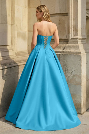 Blue Strapless A Line Pleated Satin Long Prom Dresses With Flower - KissProm