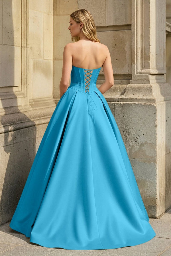 Blue Strapless A Line Pleated Satin Long Prom Dresses With Flower - KissProm
