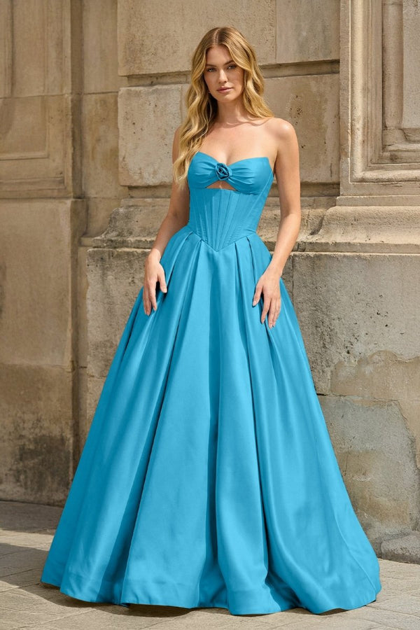 Blue Strapless A Line Pleated Satin Long Prom Dresses With Flower - KissProm