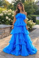 Blue Strapless A-Line Tiered Crinkled Tulle Prom Dress | KISSPROM