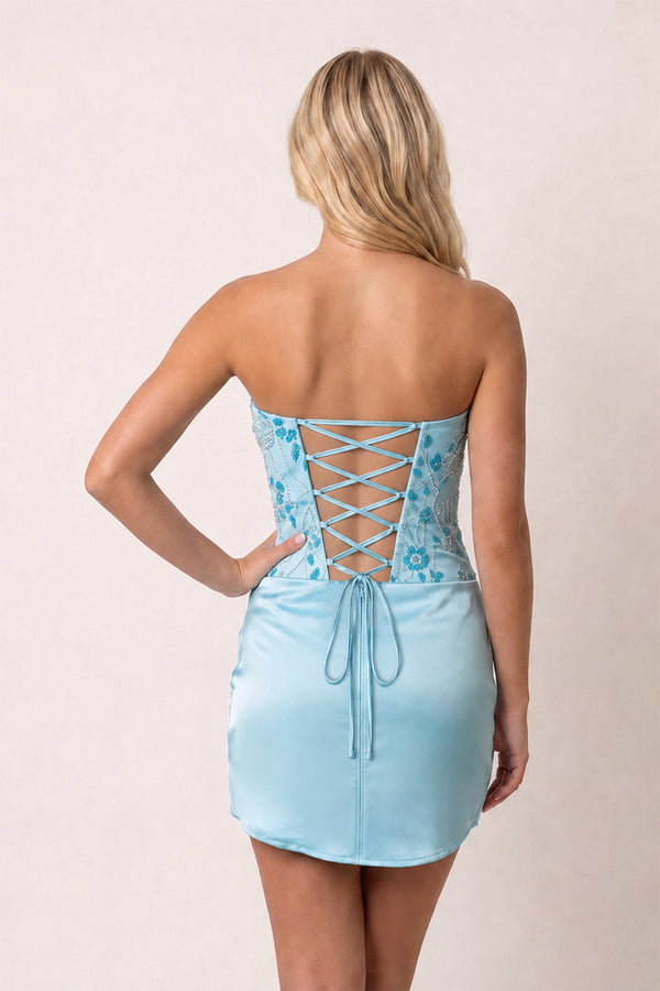 Blue Strapless Embroidered Satin Sheath Ruched Homecoming Dress | KISSPROM