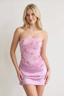 Pink Strapless Embroidered Satin Sheath Ruched Homecoming Dress | KISSPROM