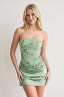 Green Strapless Embroidered Satin Sheath Ruched Homecoming Dress | KISSPROM