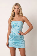 Blue Strapless Embroidered Satin Sheath Ruched Homecoming Dress | KISSPROM
