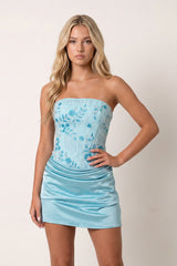Blue Strapless Embroidered Satin Sheath Ruched Homecoming Dress | KISSPROM