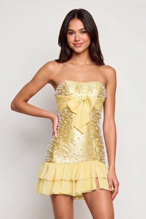 Yellow Strapless Metallic Satin Ruffled A-Line Homecoming Dress With Pearl and Bow - KISSPROM