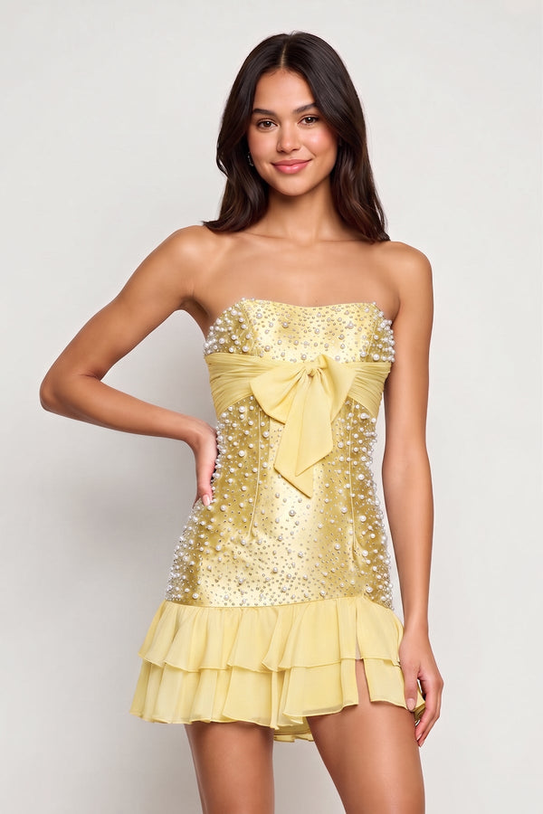 Yellow Strapless Metallic Satin Ruffled A-Line Homecoming Dress With Pearl and Bow - KISSPROM