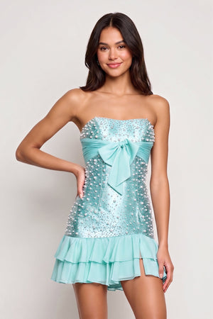 Aqua Strapless Metallic Satin Ruffled A-Line Homecoming Dress With Pearl and Bow - KISSPROM