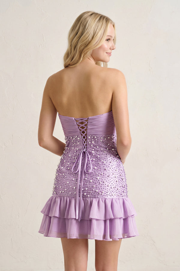 Lilac Strapless Metallic Satin Ruffled A-Line Homecoming Dress With Pearl and Bow – Homecoming Dress by KissProm | Available at KissProm
