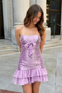 Lilac Strapless Metallic Satin Ruffled A-Line Homecoming Dress With Pearl and Bow – Homecoming Dress by KissProm | Available at KissProm