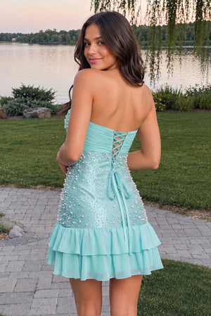 Aqua Strapless Metallic Satin Ruffled A-Line Homecoming Dress With Pearl and Bow - KISSPROM