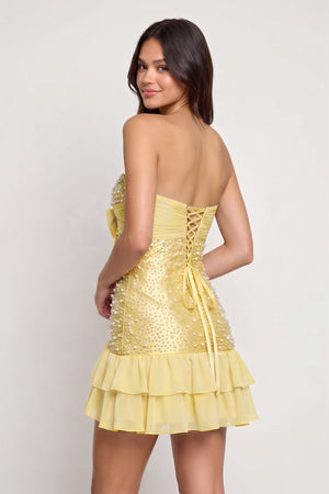 Yellow Strapless Metallic Satin Ruffled A-Line Homecoming Dress With Pearl and Bow - KISSPROM
