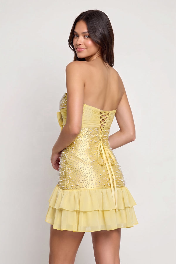 Yellow Strapless Metallic Satin Ruffled A-Line Homecoming Dress With Pearl and Bow - KISSPROM