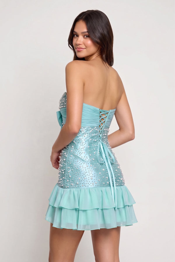 Aqua Strapless Metallic Satin Ruffled A-Line Homecoming Dress With Pearl and Bow - KISSPROM