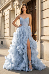 Blue Sweetheart Ruffle Tulle A-Line Long Prom Dresses with Slit - KISSPROM PROM DRESSES