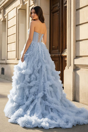 Blue Strapless Ruffle Tulle A - Line Long Prom Dresses with Slit - KissProm