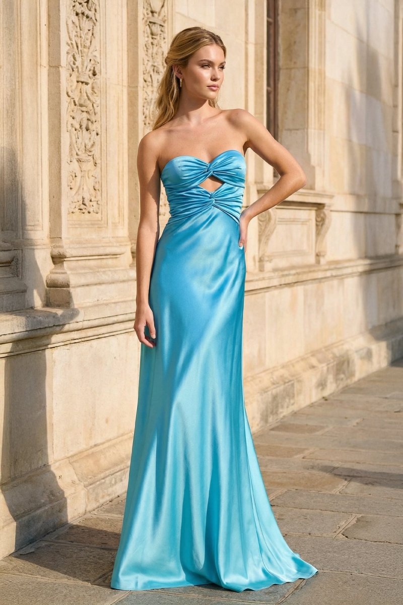 Blue Strapless Sheath Satin Cutout Long Prom Dresses With Bow - KissProm