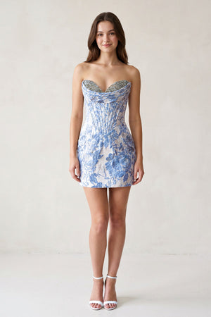 Dusty Blue Sweetheart Jacquard Sheath Corset Homecoming Dress - KISSPROM