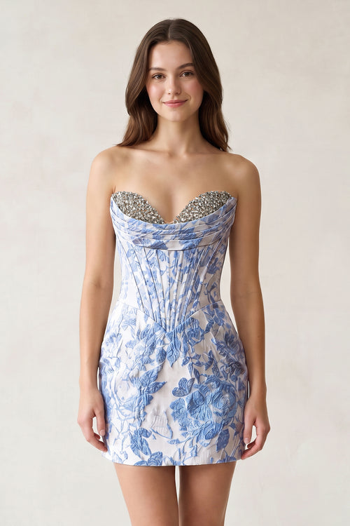 Blue Sweetheart Jacquard Sheath Corset Homecoming Dress | KISSPROM