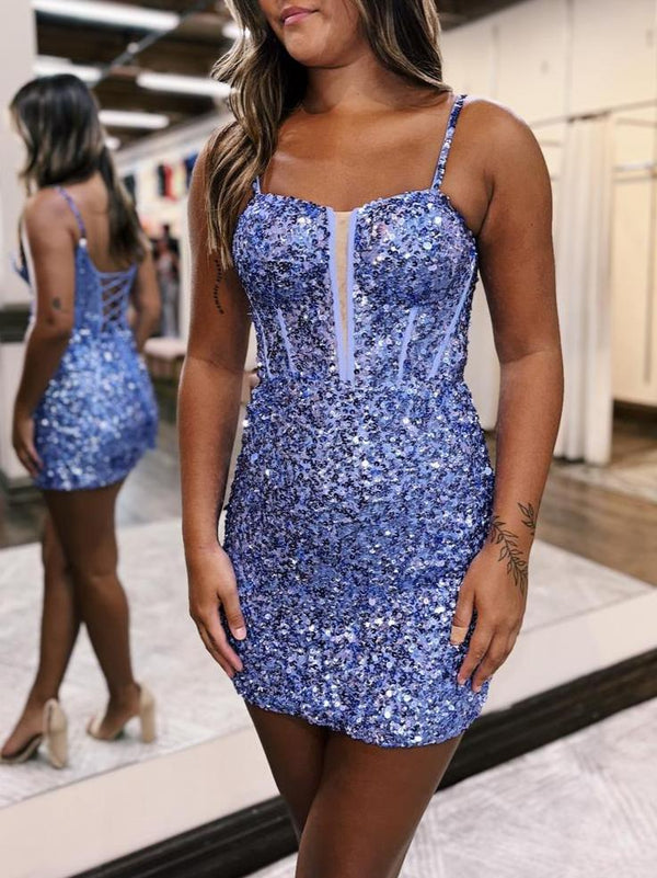Vespera | Blue Sequin Scoop Neck Lace-Up Short Tight Homecoming Dress