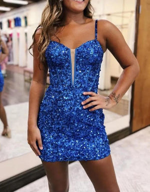 Vespera | Blue Sequin Scoop Neck Lace-Up Short Tight Homecoming Dress