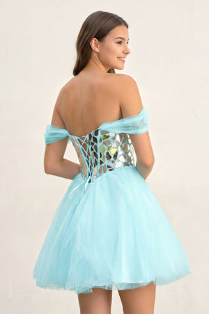Blue Temmie | Off-the-Shoulder Short Party Dress with Cut Glass Mirrors (2) | KISSPROM