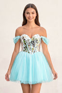 Blue Temmie | Off-the-Shoulder Short Party Dress with Cut Glass Mirrors | KISSPROM