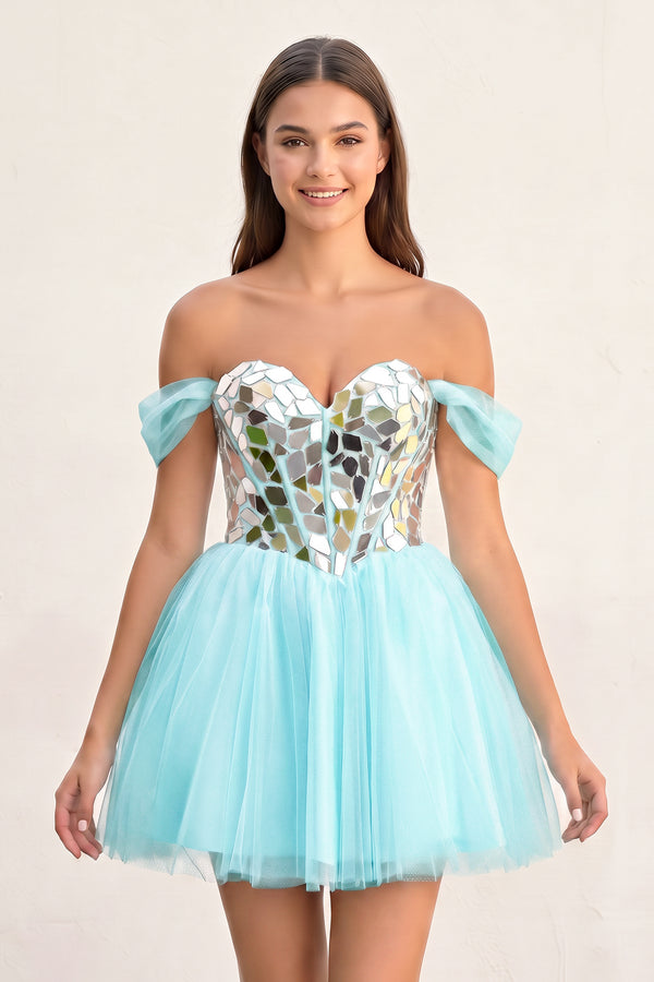 Blue Temmie | Off-the-Shoulder Short Party Dress with Cut Glass Mirrors | KISSPROM