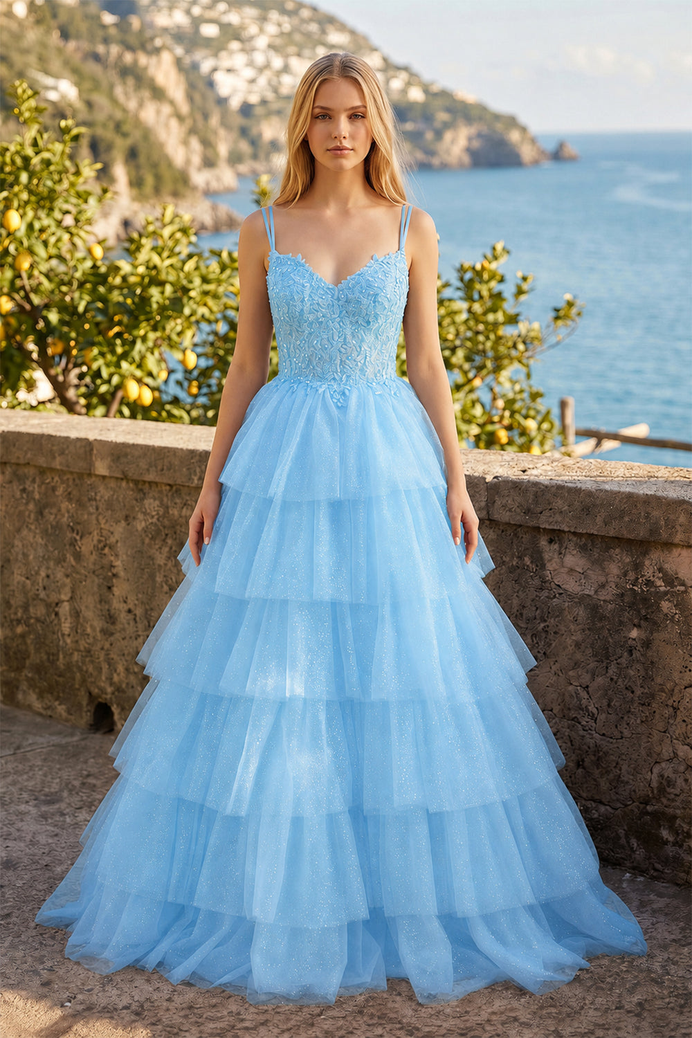 Tiered Ruffle Appliques Corset Long Prom Dress with Spaghetti Straps - KissProm