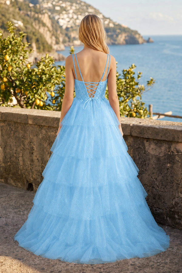 Tiered Ruffle Appliques Corset Long Prom Dress with Spaghetti Straps - KissProm