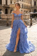 Periwinkle Tulle Appliques Off-the-Shoulder Ruffle Long Prom Dress - KissProm