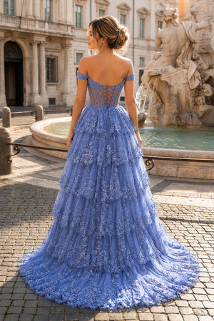 Periwinkle Tulle Appliques Off-the-Shoulder Ruffle Long Prom Dress - KissProm