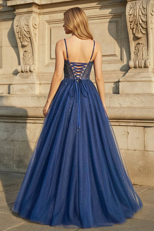 Blue Tulle Beaded Long Prom Dress Formal Dress - KissProm