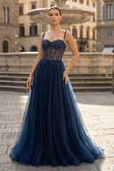 Blue Tulle Beaded Long Prom Dress Formal Dress - KISSPROM PROM DRESSES