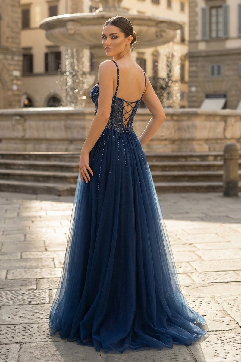 Blue Tulle Beaded Long Prom Dress Formal Dress Navy Blue / 8 Blue Tulle Beaded Long Prom Dress Formal Dress Navy Blue / 8