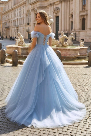Blue Tulle Floor Length Prom Dress, Off the Shoulder Evening Dress with 3D Flowers - KissProm