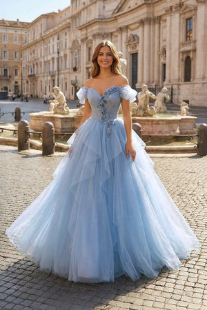 KissProm-Blue Tulle Floor Length Prom Dress, Off the Shoulder Evening Dress with 3D Flowers