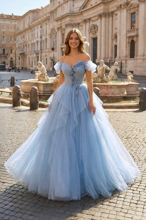 KissProm-Blue Tulle Floor Length Prom Dress, Off the Shoulder Evening Dress with 3D Flowers