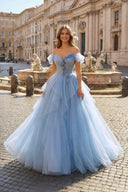 Blue Tulle Floor Length Prom Dress, Off the Shoulder Evening Dress with 3D Flowers - KissProm