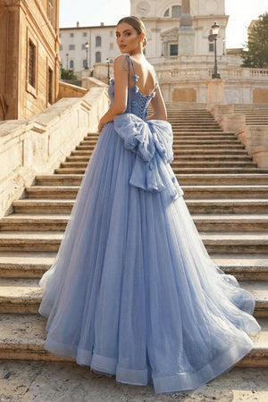Blue Tulle Long A - Line Prom Dress Blue Spaghetti Straps Party Dress with Bow - KissProm