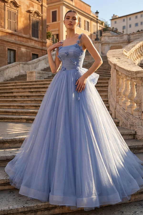 Blue Tulle Long A - Line Prom Dress Blue Spaghetti Straps Party Dress with Bow - KissProm