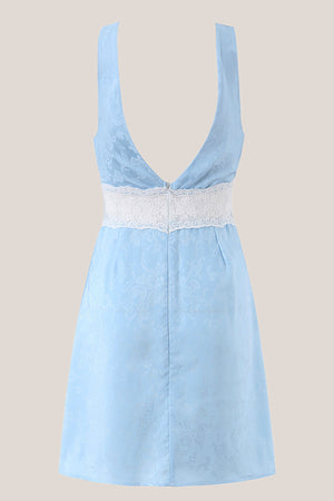 Blue V Neck Lace Cotton Sheath Mini Dress – Dress by KissProm | Available at KissProm