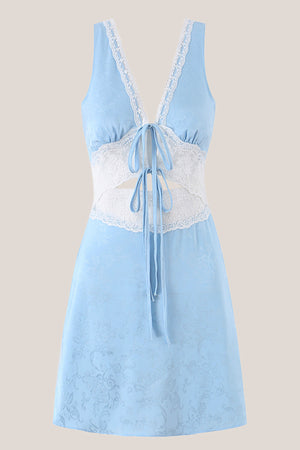 Blue V Neck Lace Cotton Sheath Mini Dress – Dress by KissProm | Available at KissProm
