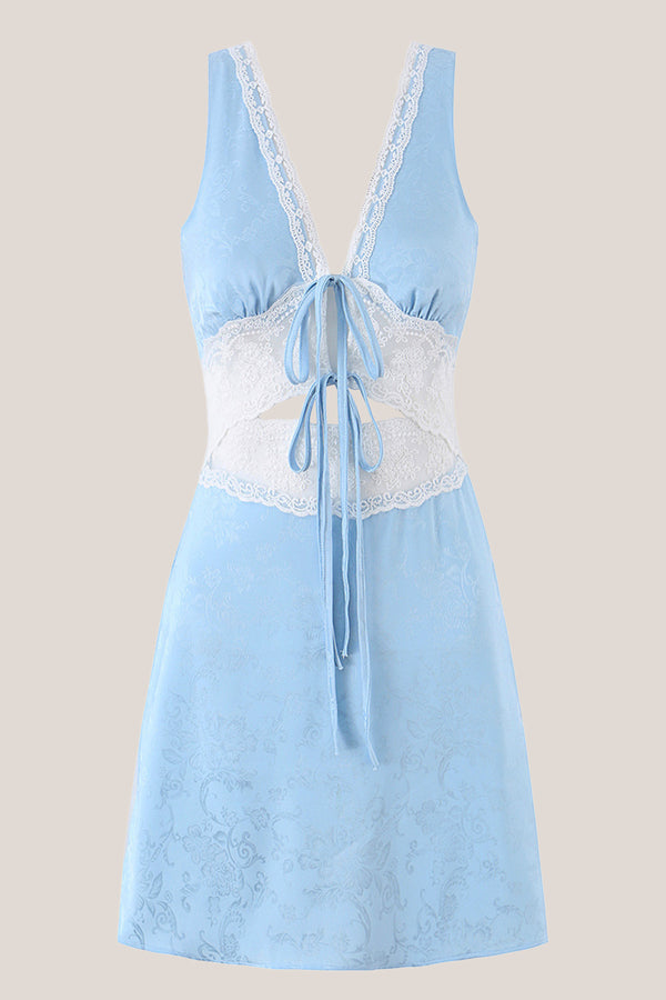 Blue V Neck Lace Cotton Sheath Mini Dress – Dress by KissProm | Available at KissProm