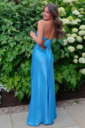 Kiss Prom-Blue Spaghetti Straps Sheath Satin Long Prom Dresses With Appliques - KissProm