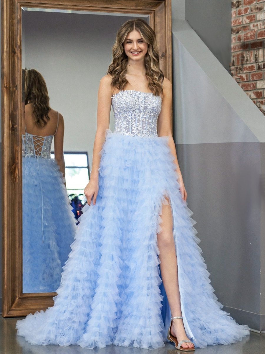 Sky Blue A-Line Tiered Sequins Tulle Long Prom Dress Sky Blue / Custom Size